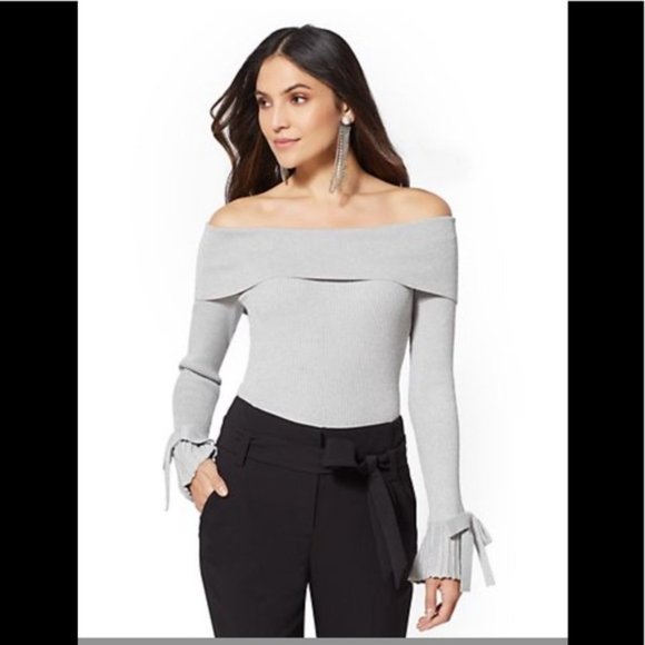 7th Avenue Silver Metallic Off Shoulder Sweater M - Picture 1 of 8